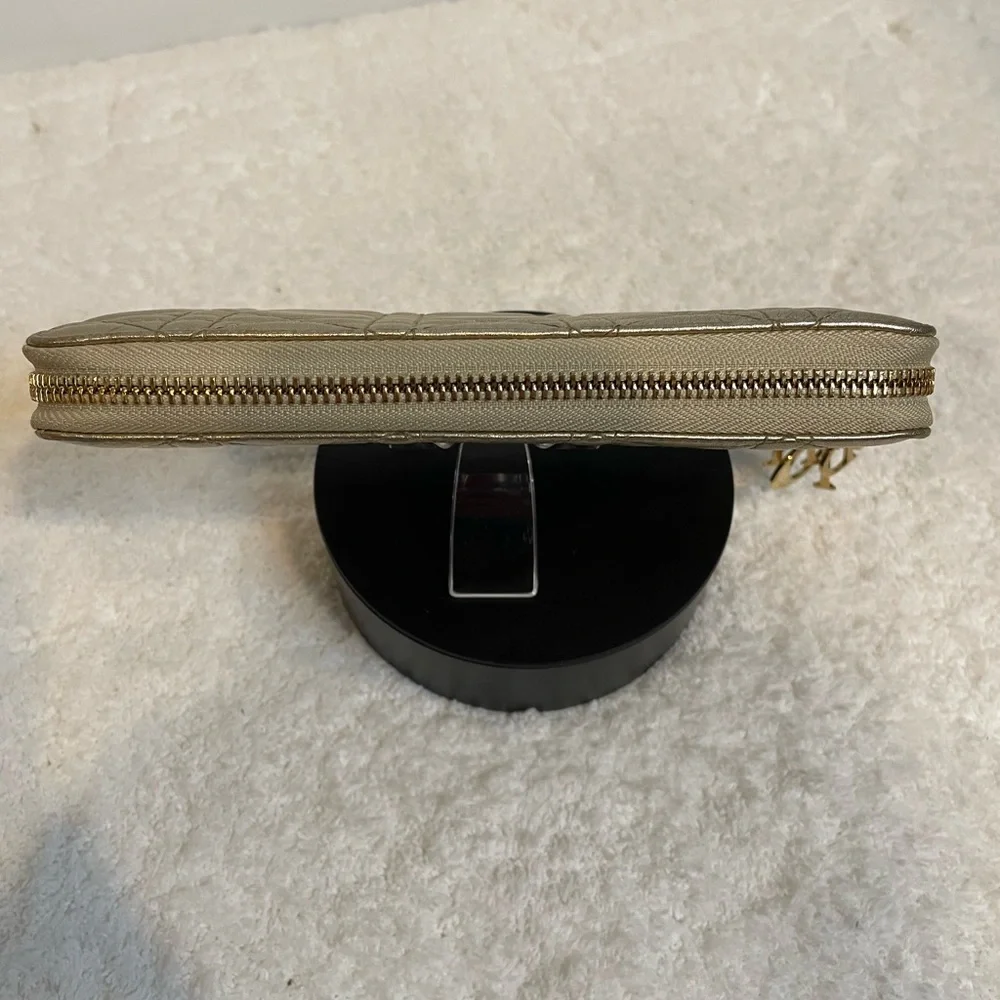 EUC Lady Dior Voyageur Cannage Gold Leather Zip Around Wallet with Logo charm